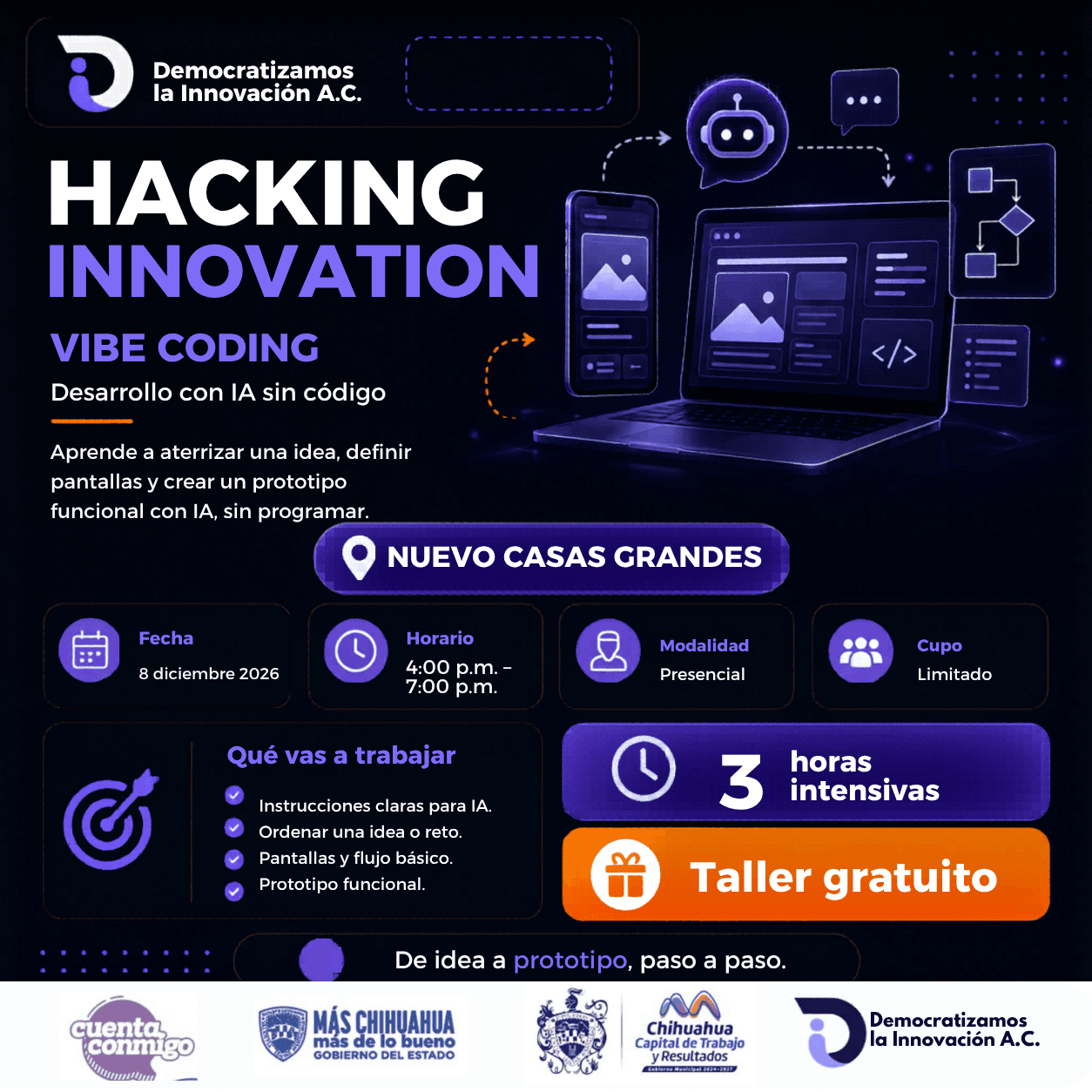 Flyer de HACKING INNOVATION TALLER "IA PARA NO PROGRAMADORES"  NUEVO CASA GRANDES