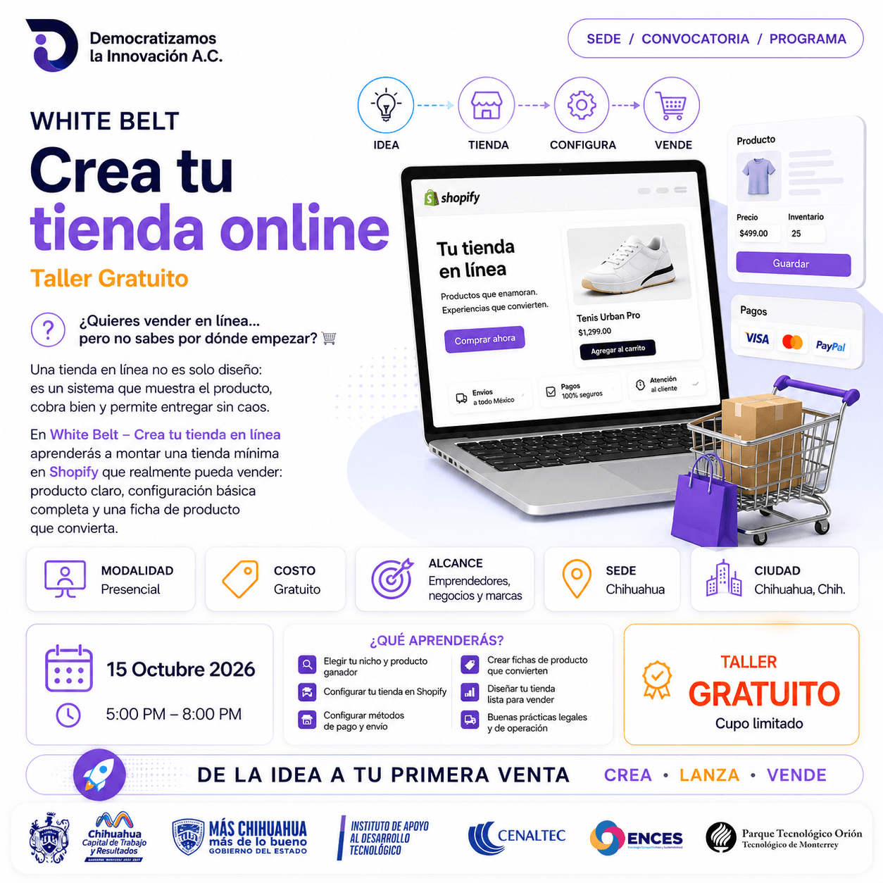 Flyer de White Belt: Crea tu tienda online