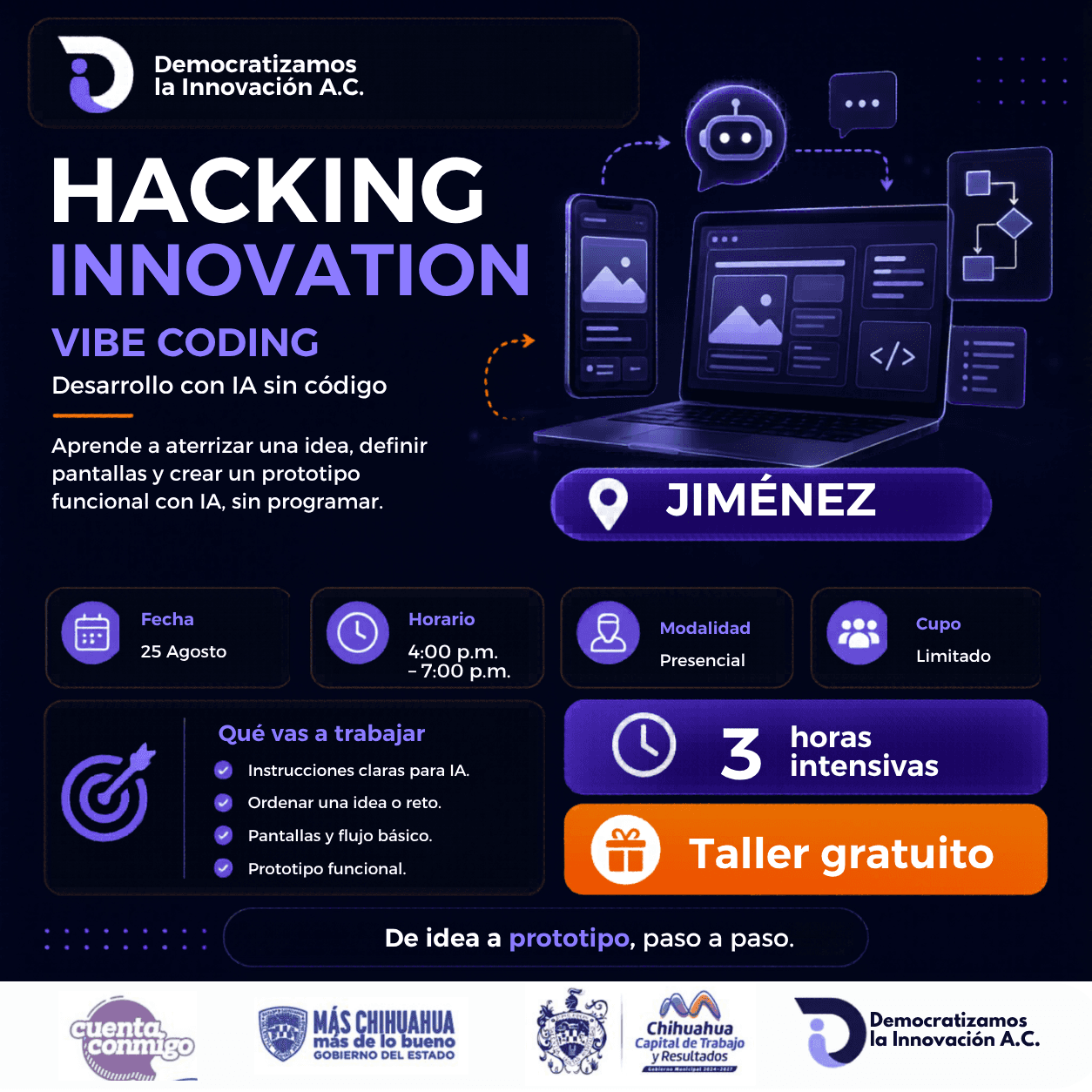 Flyer de Hacking Innovation: Vibe Coding | Generación de soluciones IA | Jiménez