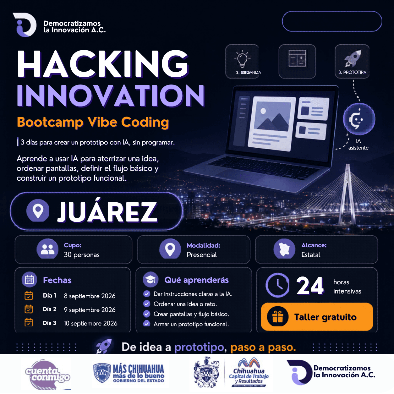 Flyer de Hacking Innovation: Vibe Coding y generación de prototipos | Júarez