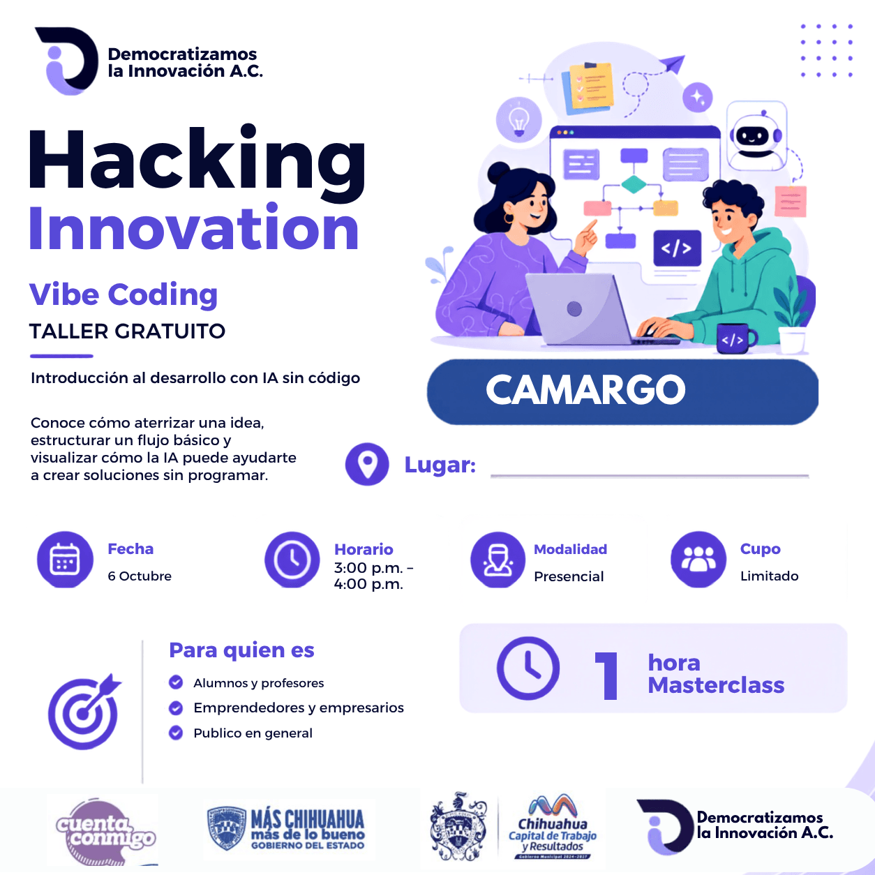 Flyer de HACKING INNOVATION: CAMARGO: INTRODUCCION AL DESARROLLO SIN CODIGO