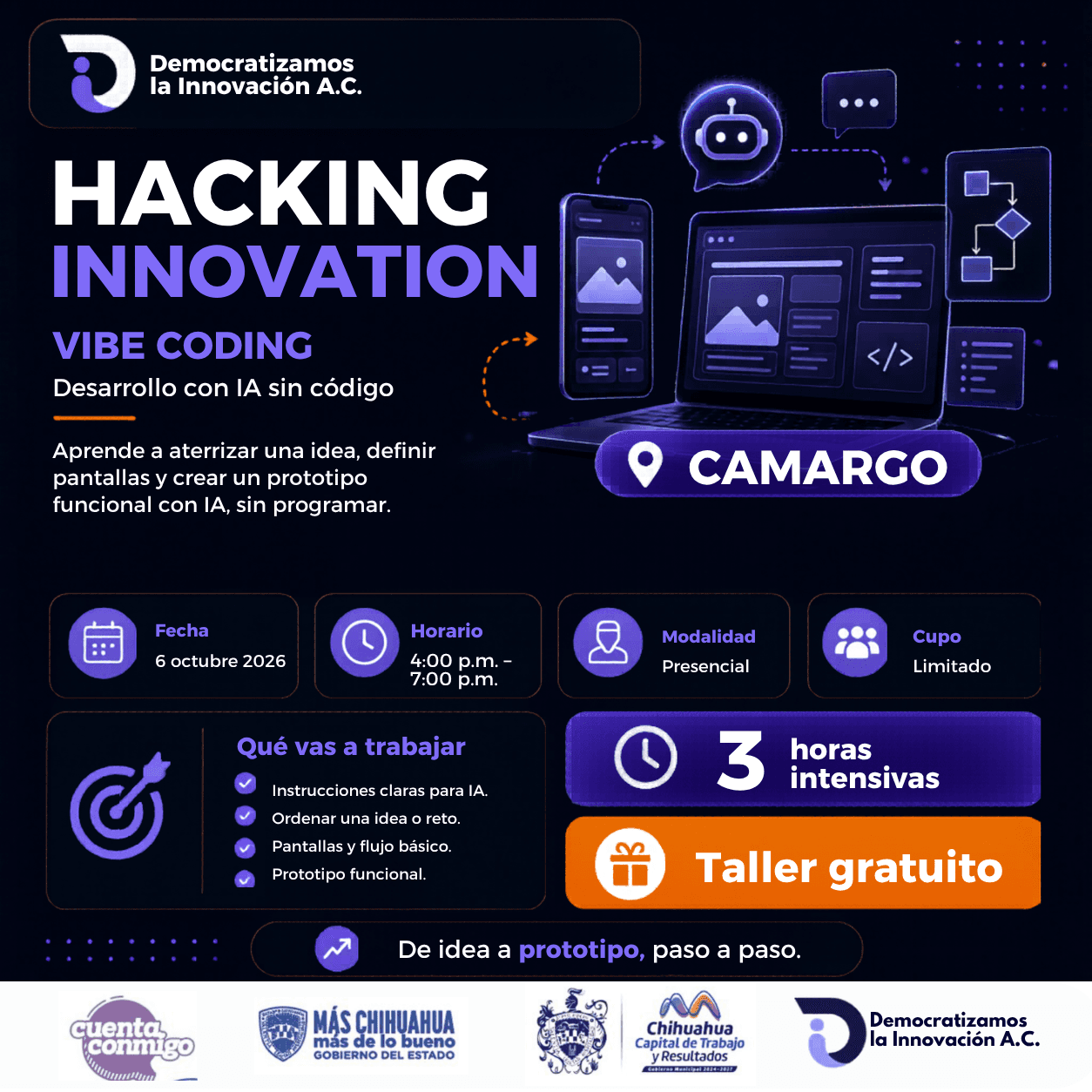 Flyer de HACKING INNOVATION: Vibe Coding | Generación de soluciones IA | CAMARGO
