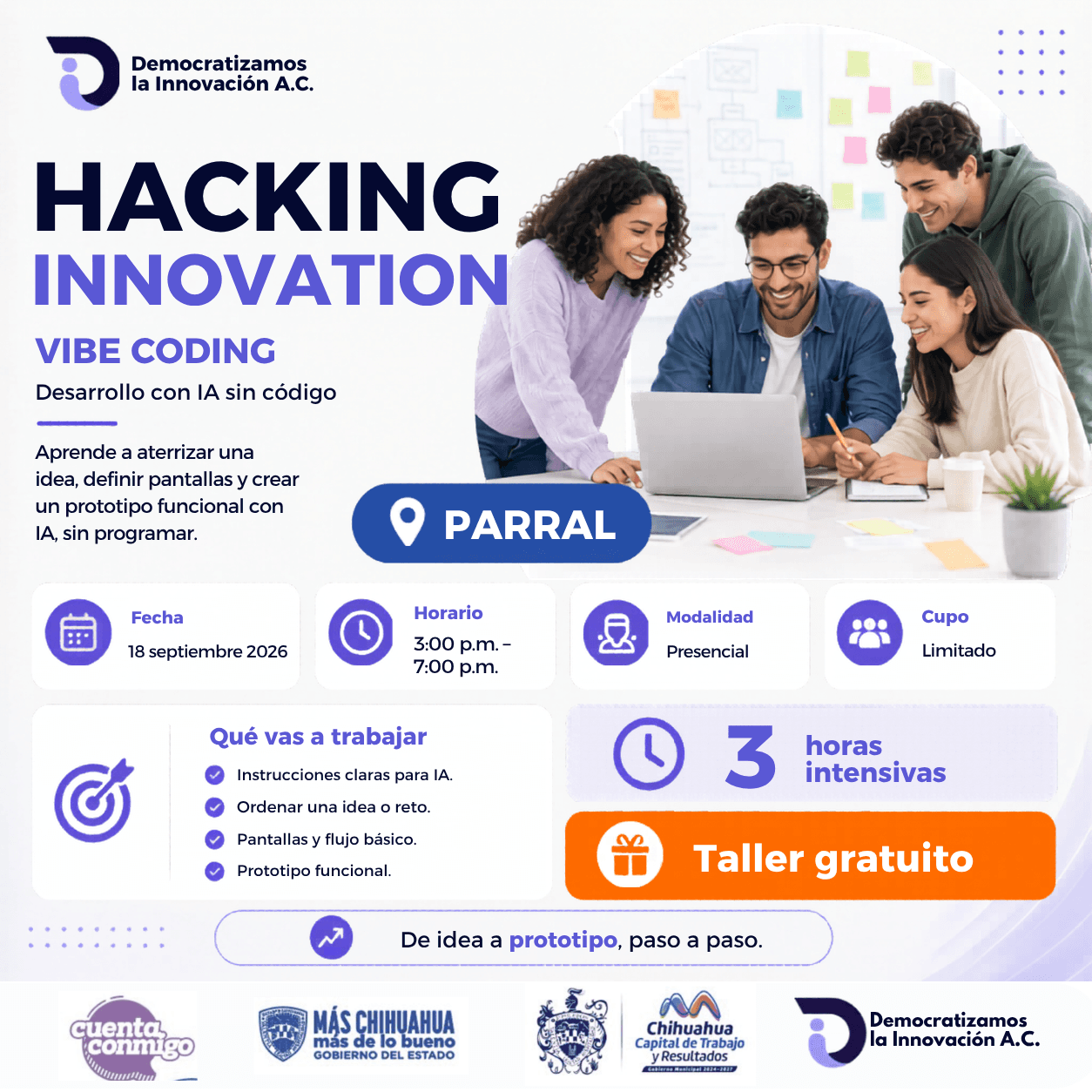Flyer de HACKING INNOVATION: Vibe Coding | Generación de soluciones IA | Parral