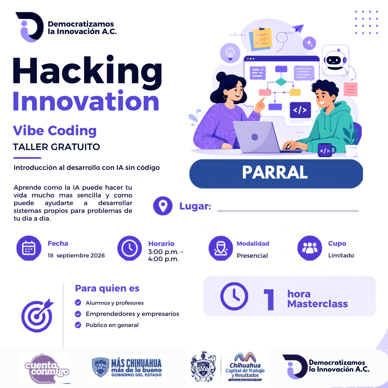 Flyer de HACKING INNOVATION: PARRAL: INTRODUCCION AL DESARROLLO SIN CODIGO