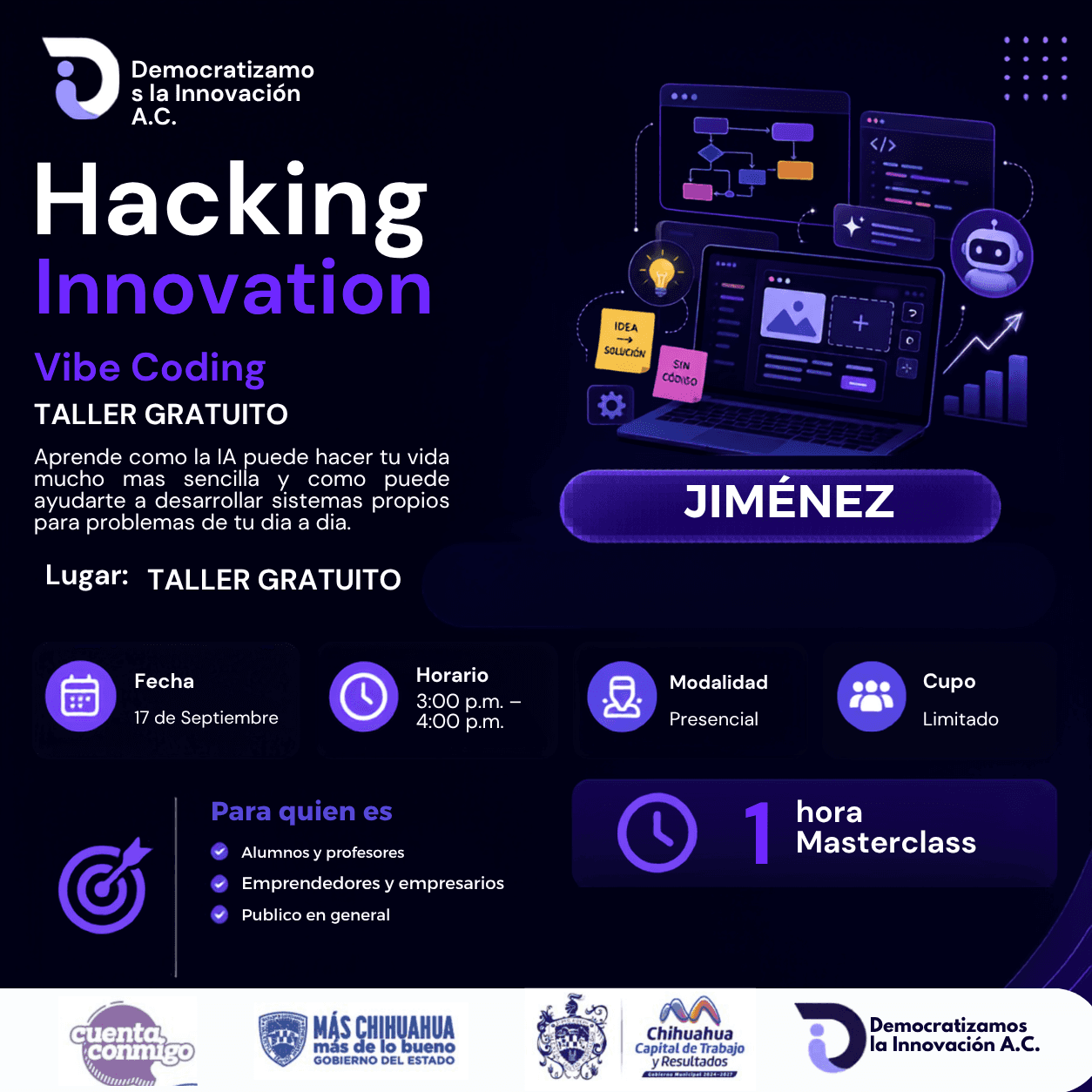 Flyer de HACKING INNOVATION: JIMENEZ: INTRODUCCION AL DESARROLLO SIN CODIGO
