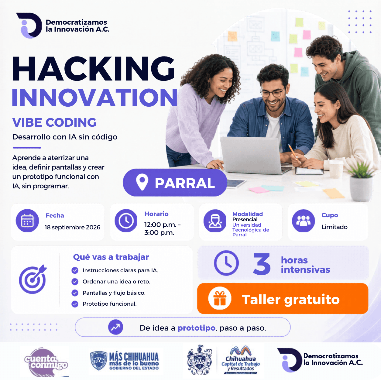 Flyer de HACKING INNOVATION: Vibe Coding | Generación de soluciones IA | Parral