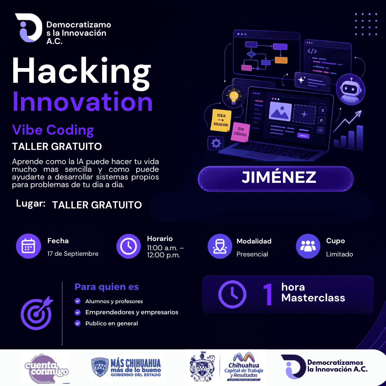Flyer de HACKING INNOVATION: JIMENEZ: INTRODUCCION AL DESARROLLO SIN CODIGO
