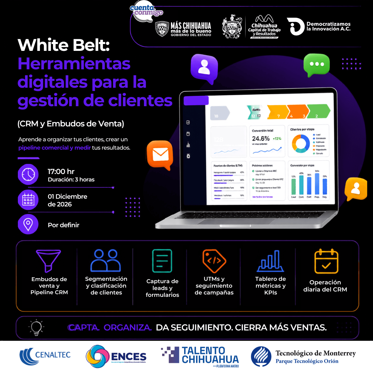 Flyer de White Belt: Herramientas digitales para gestión de clientes