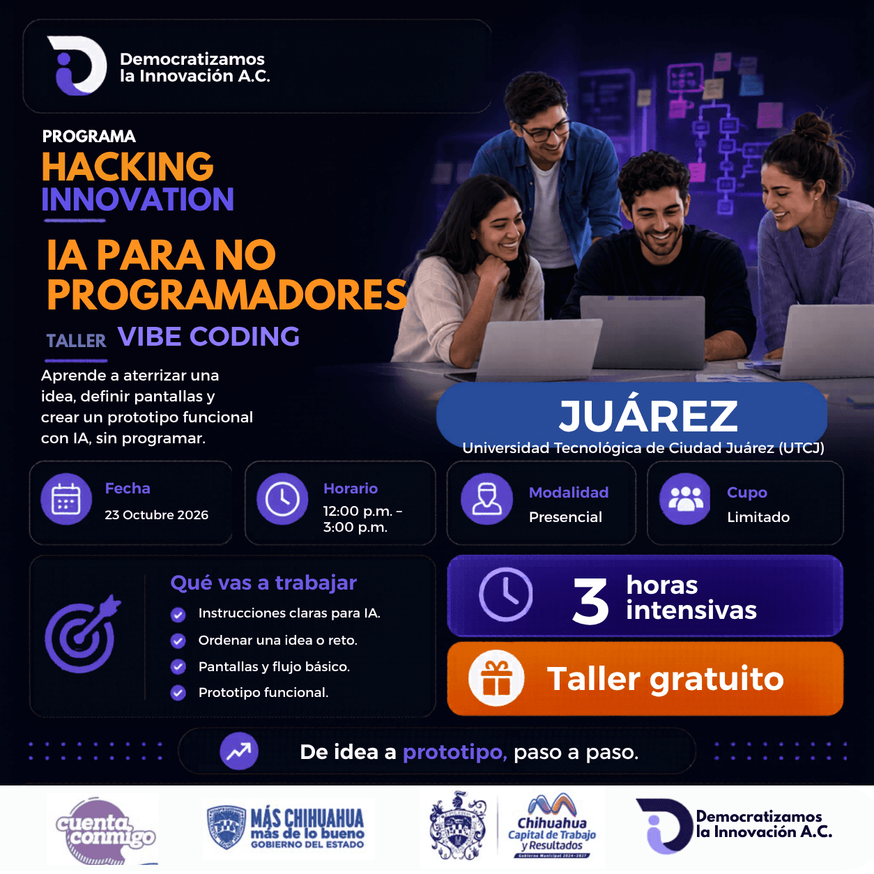 Flyer de HACKING INNOVATION TALLER "IA PARA NO PROGRAMADORES" JUAREZ
