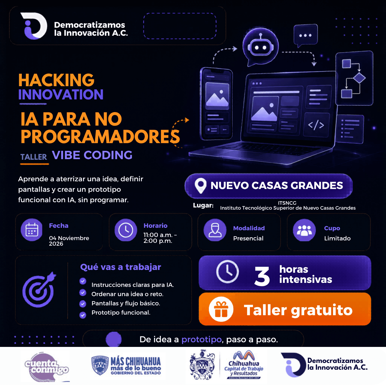 Flyer de HACKING INNOVATION TALLER "IA PARA NO PROGRAMADORES" NUEVO CASA GRANDES